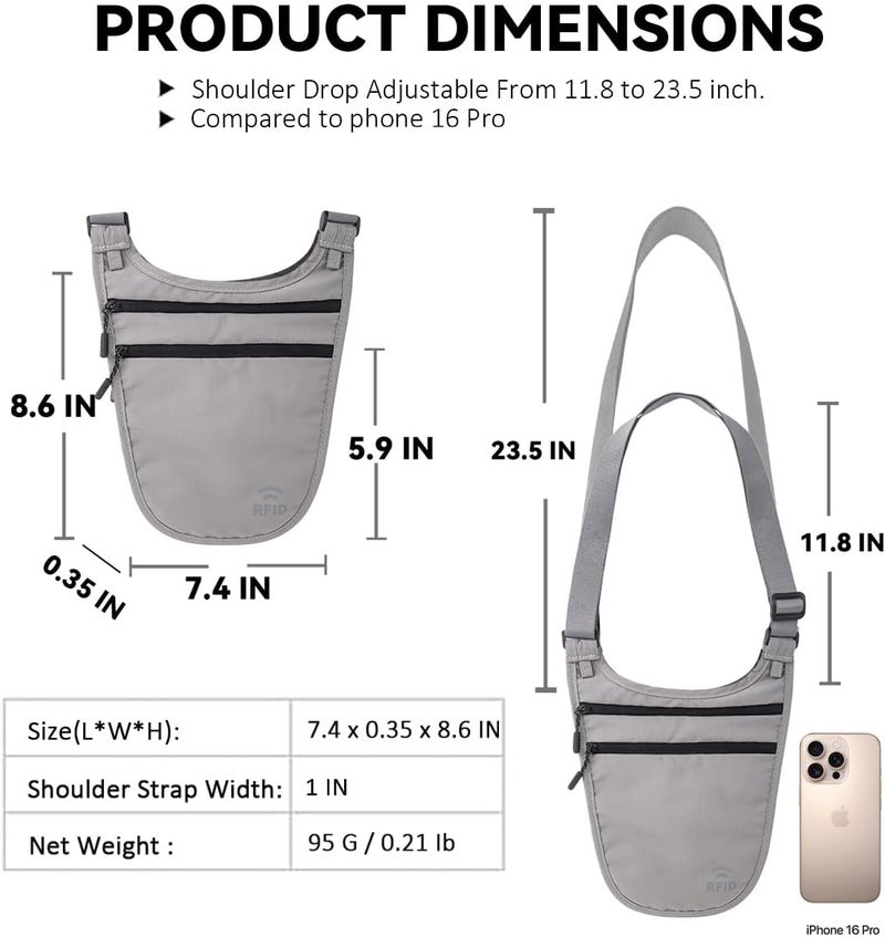 YIPINU Crossbody Money Belt for Travel Women & Men Hidden, Travel Wallet Pouch - Slim Passport Holde, RFID Blocking Neck Wallet Under Clothes to Protect Cash, Credit Cards and Documents (GRAY) - Image 5